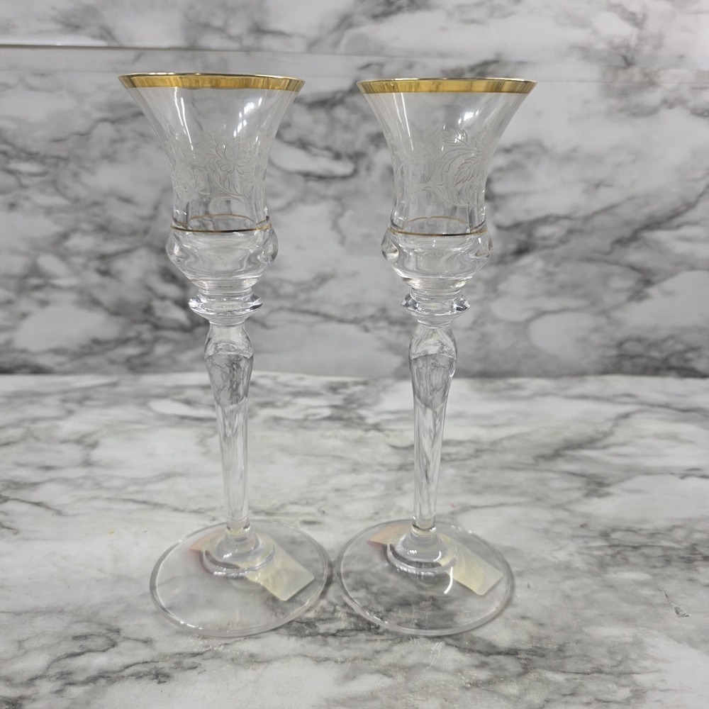 Crystal Glass Candle Holders Set of 2 Gold Rim Mikasa "Antique Lace" Vtg Stemmed